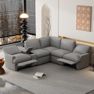 104'' Power Recliner Corner Sofa, Grey Linen, with Storage, Cup Holders & USB Ports