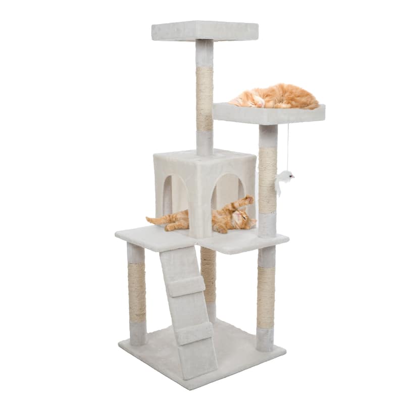 Petmaker White 4-Tier Cat Tower Tree with Cat Condo, Scratching Posts, and Hanging Toy