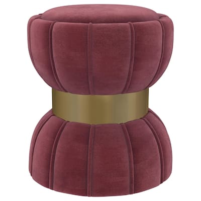 Soraya Ottoman, Tufted Red Wine Fabric, Round 17 Inch, Gold Metal Band