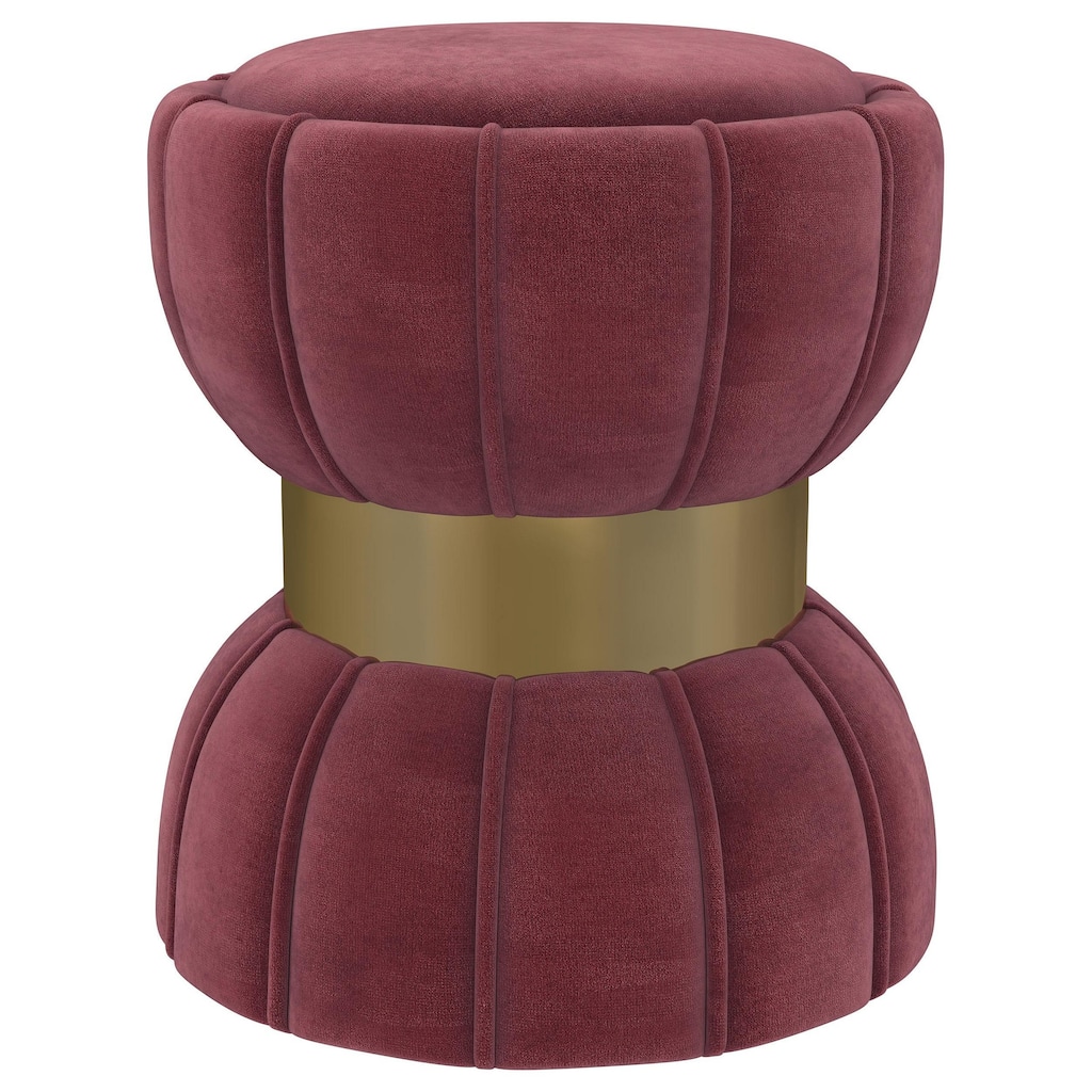 Soraya Ottoman, Tufted Red Wine Fabric, Round 17 Inch, Gold Metal Band