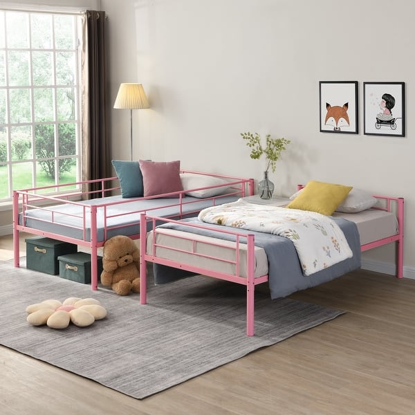 slide 2 of 11, Industrial Minimalist Modern Style Twin Over Twin Metal Bunk Bed Pink