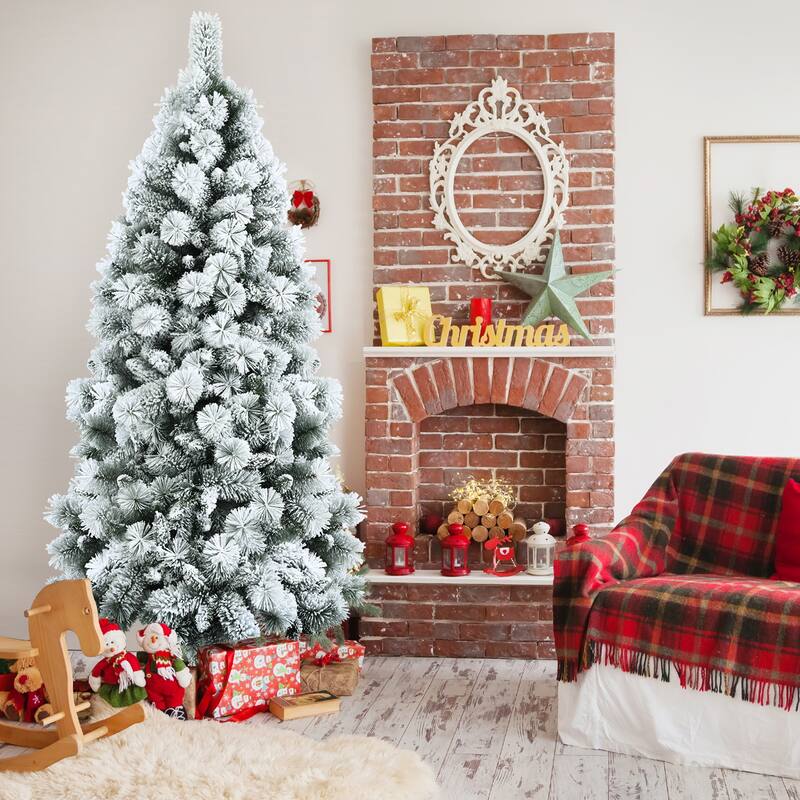 Gymax 5/6/7 FT Artificial Hinged Christmas Tree Snow-Flocked Xmas Tree - See Details