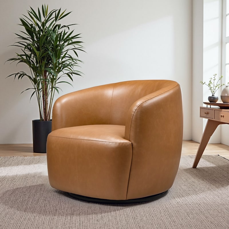 Belinda 32" W Vegan Leather Upholstered Swivel Barrel Chair - Cognac Vegan Leather