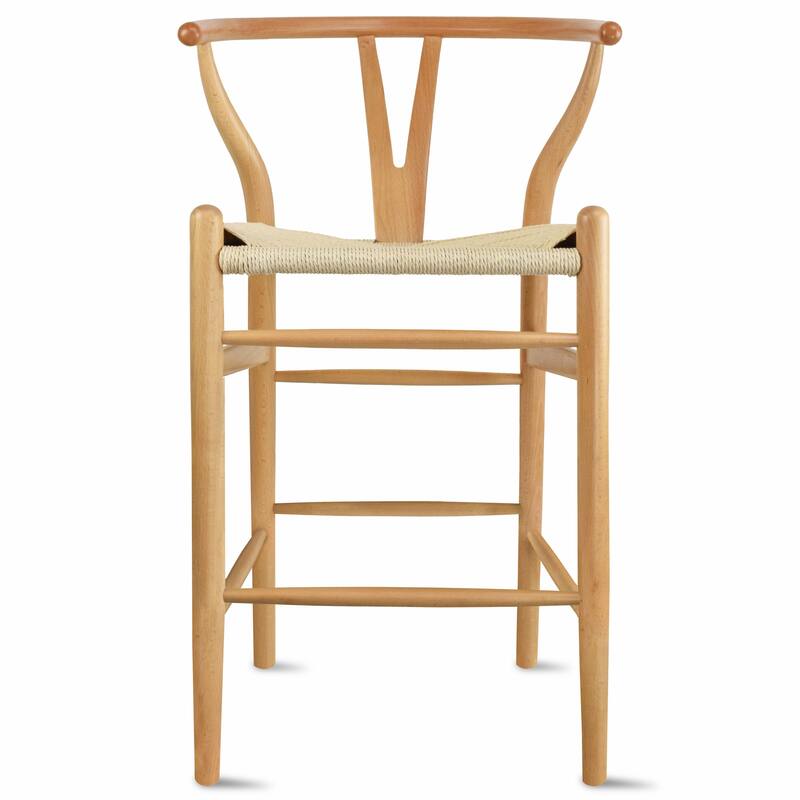 Set of 2 Solid Wood Elbow Barstool with Open Y Back Farmhouse Dining Office Chairs with Woven Beige Seat - N/A - Natural