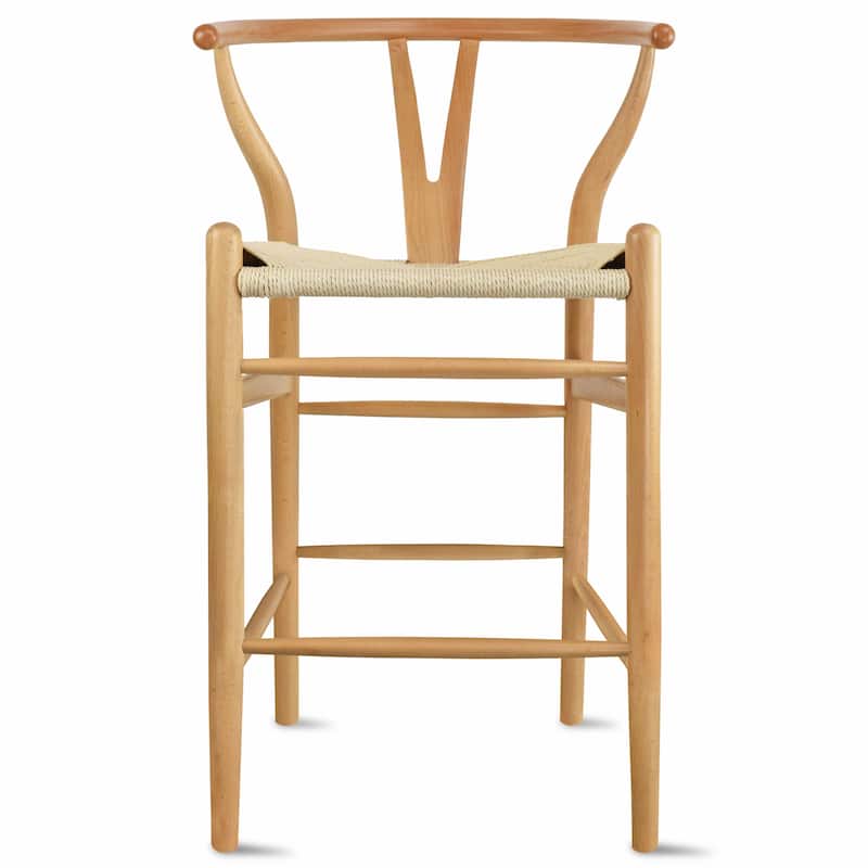 Solid Wood Countertop Height Barstool with Open Y Back Farmhouse Woven Organic Natural Chair For Kitchen Designer - N/A - Natural