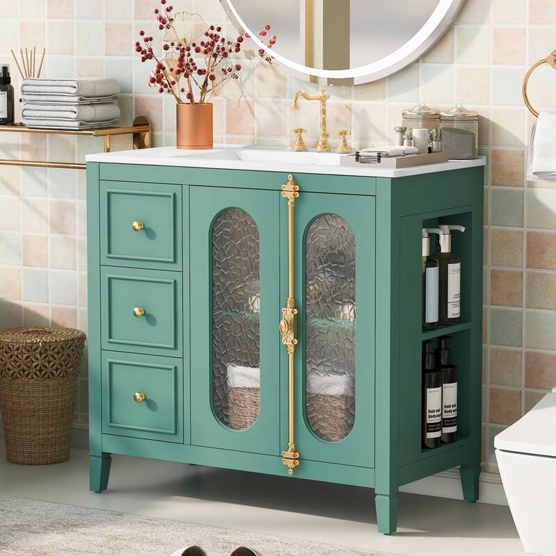 36" Single Sink Bathroom Vanity, Translucent Patterned Glass Doors Bathroom Storage Cabinet with 3 Drawers