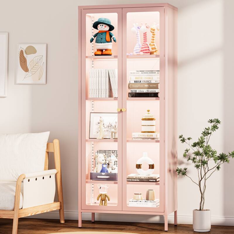 4/5-Tier Glass Curio Display Cabinet with Doors & Adjustable Storage Shelves