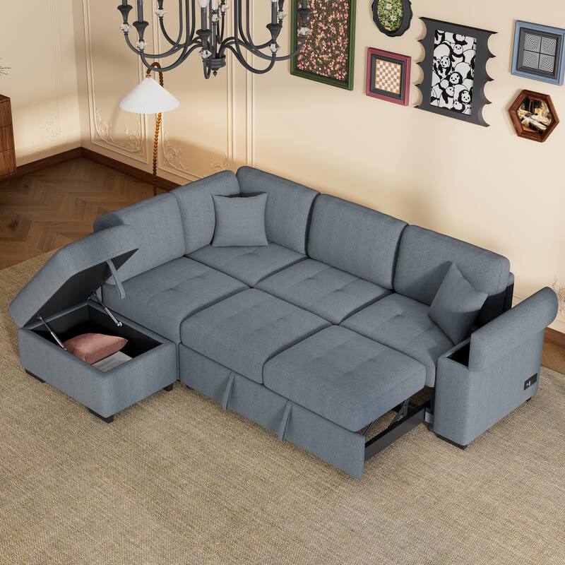 L-Shape Sleeper Sectional Sofa-Bed, Dark Gray, Linen, 85x76x34 inches, 223 lbs