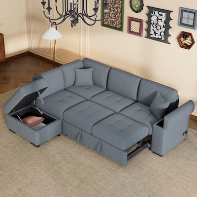 L-Shape Sleeper Sectional Sofa-Bed, Dark Gray, Linen, 85x76x34 inches, 223 lbs