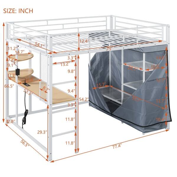 dimension image slide 1 of 4, Full Size Metal Loft Bed with Workstation Desk, Built-In Shelves, LED Light Strip, Power Outlet & Hanging Wardrobe Storage