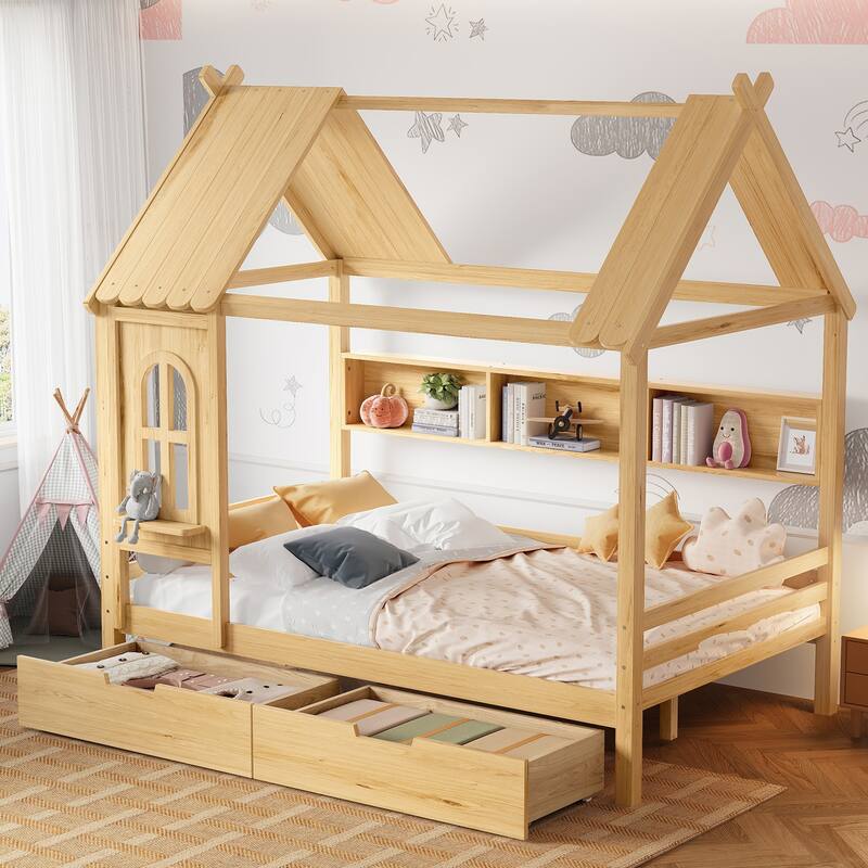 Charming House Bed for Girls, Boys Low Platform Bed Frame with Under-bed Drawers, Storage Shelves, Window and Roof