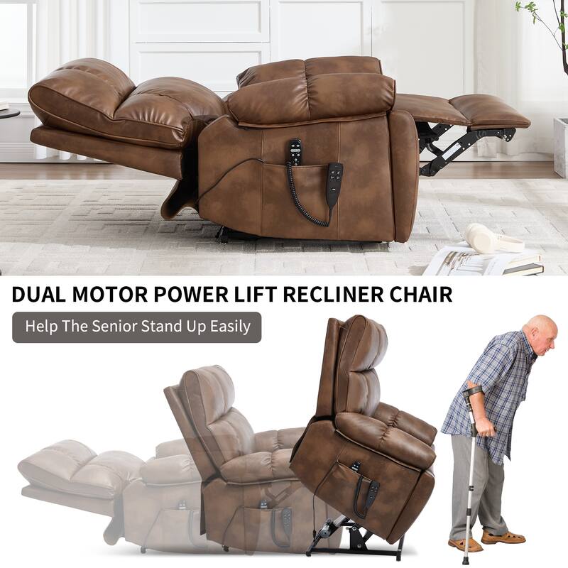 Leatheraire Heat Massage Dual Motor Infinite Position Up to 350 LBS Large Electric Power Lift Recliners with Hidden Cup Holders