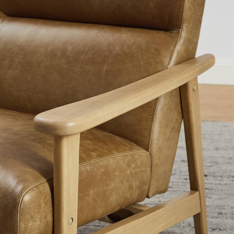 Modern Genuine Leather Accent Armchair with Natural Solid Wood Frame