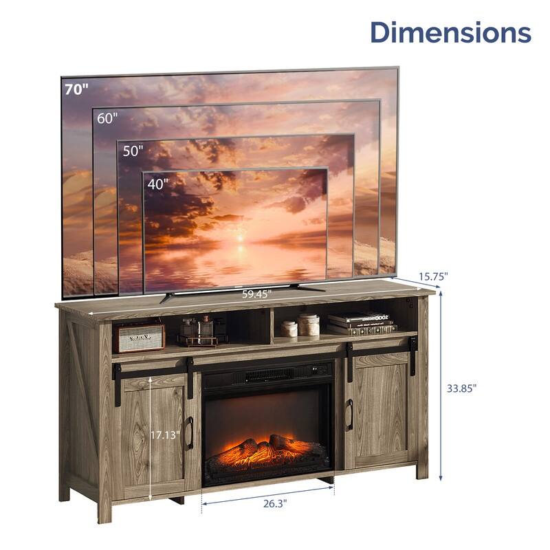 Farmhouse 59.5'' TV Stand For Tvs Up To 70'' With Electric Fireplace and Adjustable Shelves