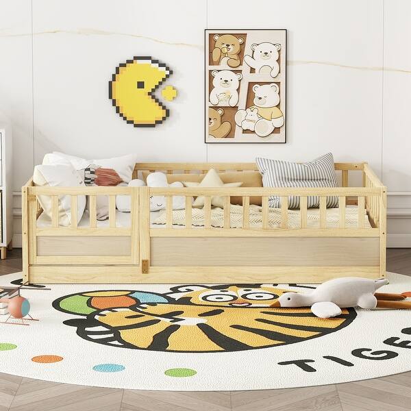slide 2 of 10, Twin Floor Bed with Integrated Frame and High Safety Guardrails Play Natural Wood