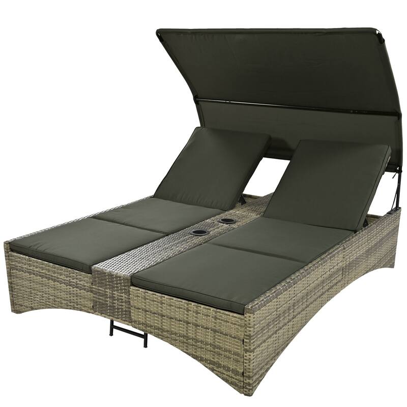 Outdoor Patio Rattan Daybed Sunbed with Canopy and Adjustable Backrest, Storage Box and 2 Cup Holders