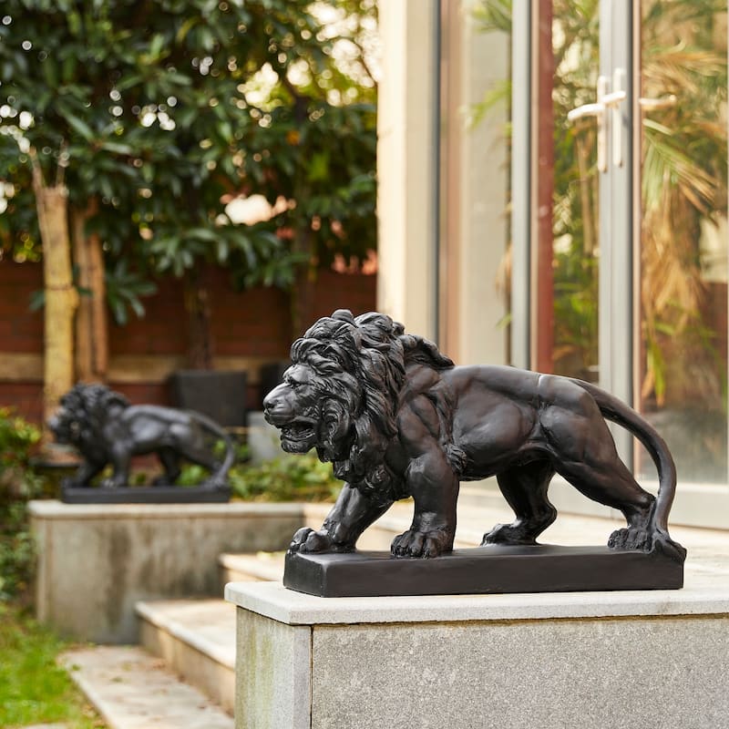 Glitzhome Set of 2 MgO Majestic Walking & Lying Guardian Lion Statues Porch Sculpture Indoor Outdoor