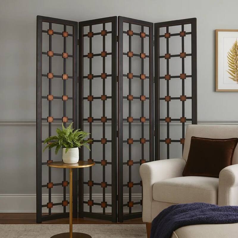Wooden 4 Panel Screen with Modern Cosmopolitan Design, Black and Red