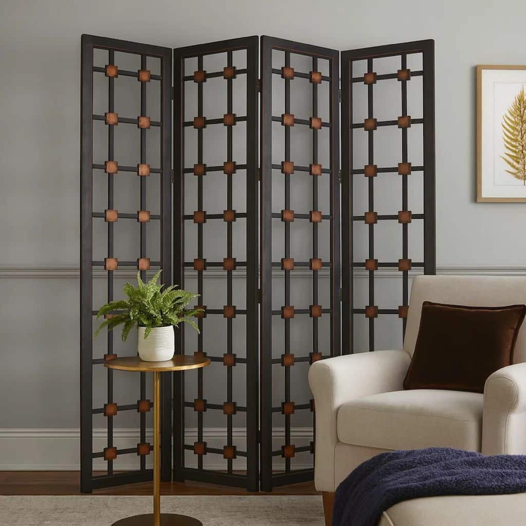 Wooden 4 Panel Screen with Modern Cosmopolitan Design, Black and Red