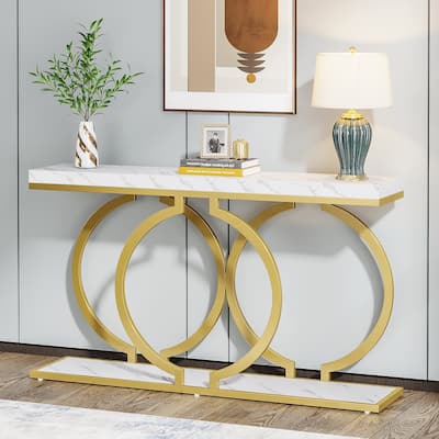 Goujxcy Coffee Tables Set Of 3 For Living Room, Marble Coffee Table And 2 End Table Set, White Faux Marble Top&Gold O-Shape Stainless Steel Base, 3