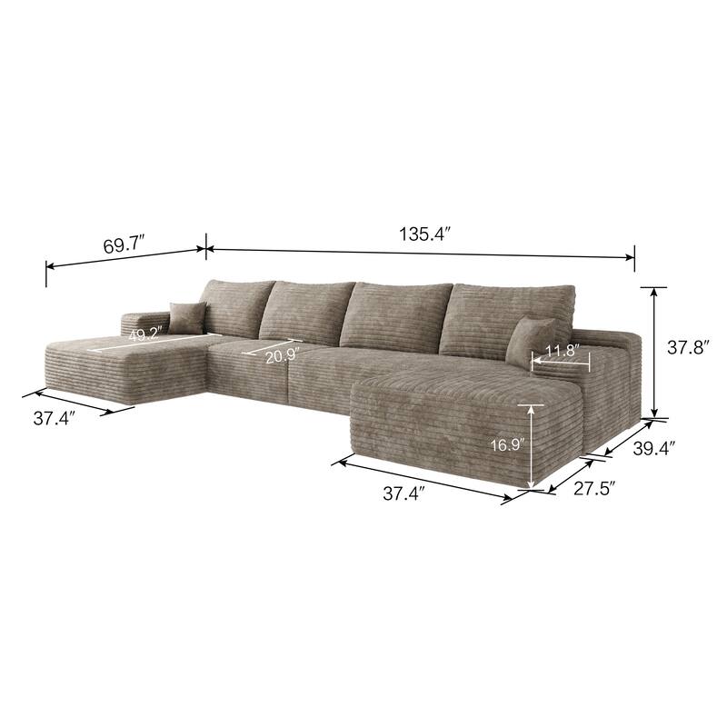 Corduroy Upholstered U-shaped Sectional Sofa with Chaise and Ottoman