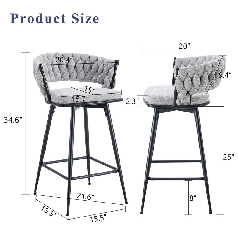 Set of 2 swivel bar stools with breathable cotton and linen soft cushions, electroplated metal frames without rust