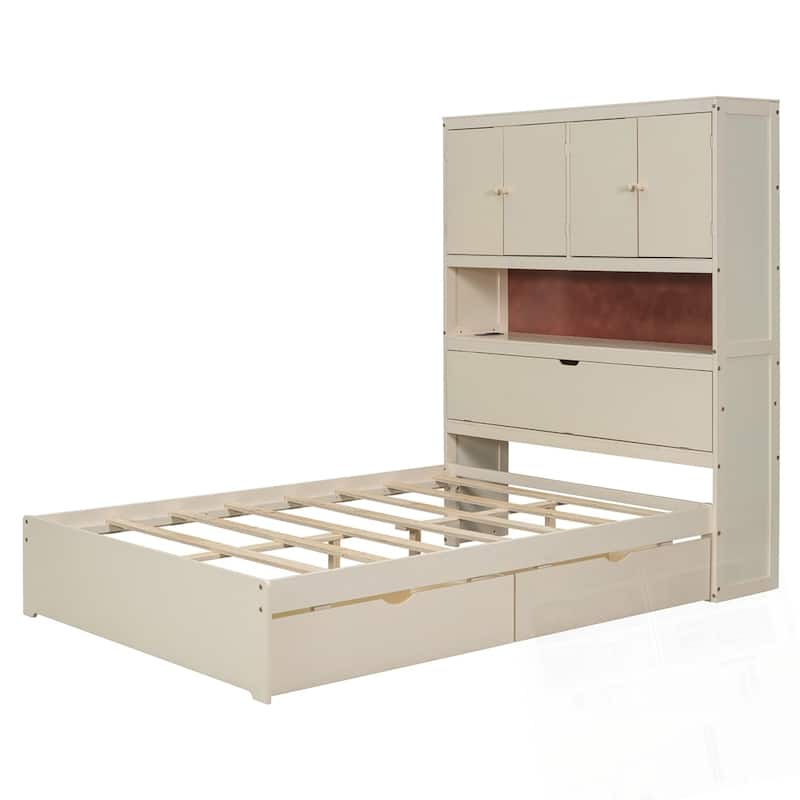 Full Size Wooden Platform Bed with USB and Drawers