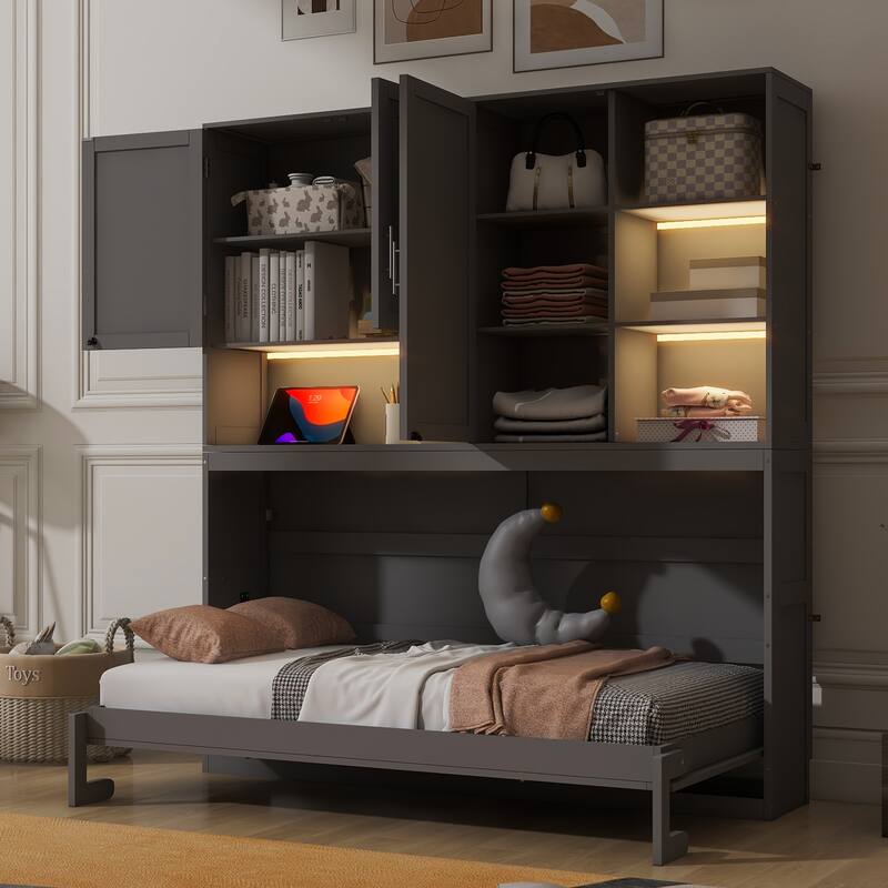 Twin/Full Size Murphy Bed Wall Bed with Top Cabinet, Shelves, Light, USB, and Storage, Space-Saving Foldable Design