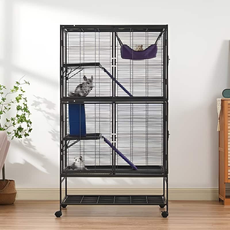 Black Iron & Plastic Ferret Cage with Hammock, Ramps & Storage Shelf - 36.2"x22.8"x64.6"