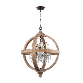 4 Light Candle Style Globe Chandelier in  Natural Wood finish