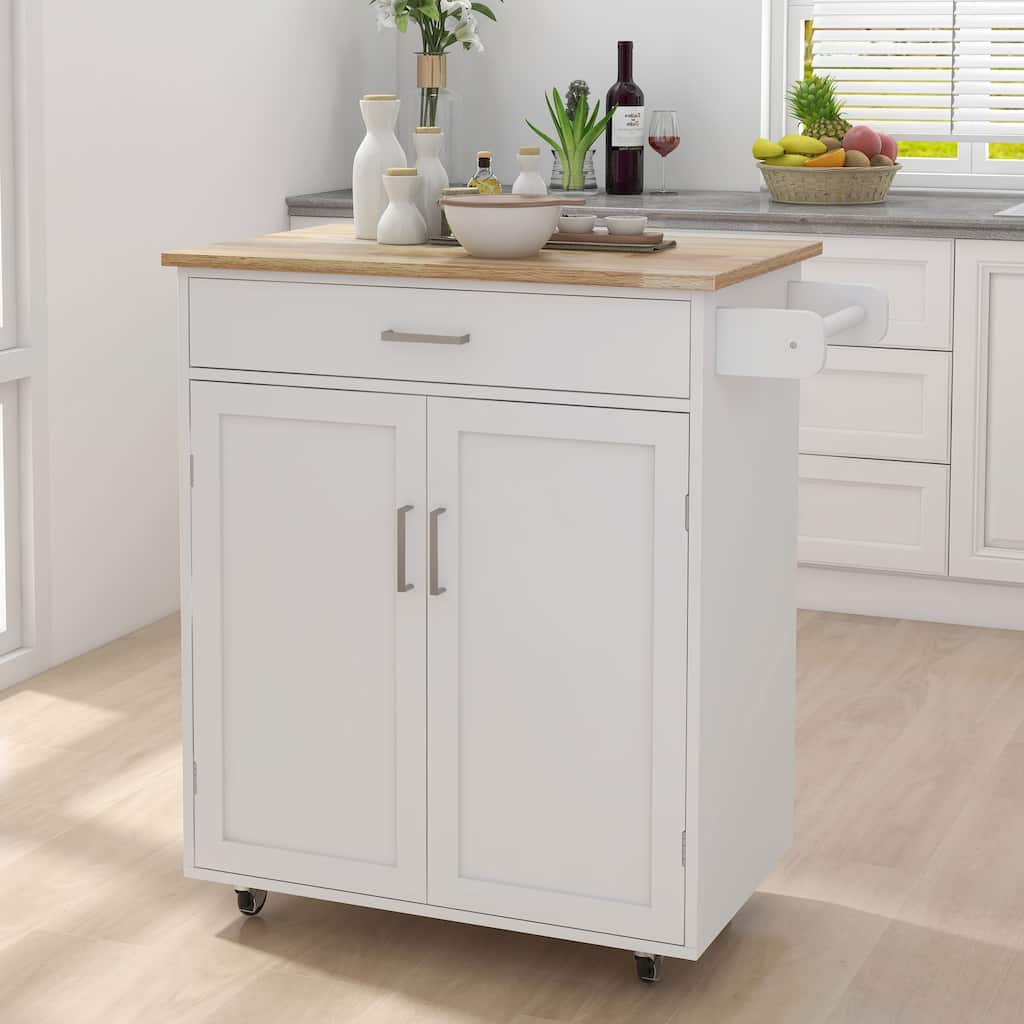 Mobile Kitchen Cart with Rubber Wood Tabletop, Adjustable Storage, and Towel & Seasoning Racks