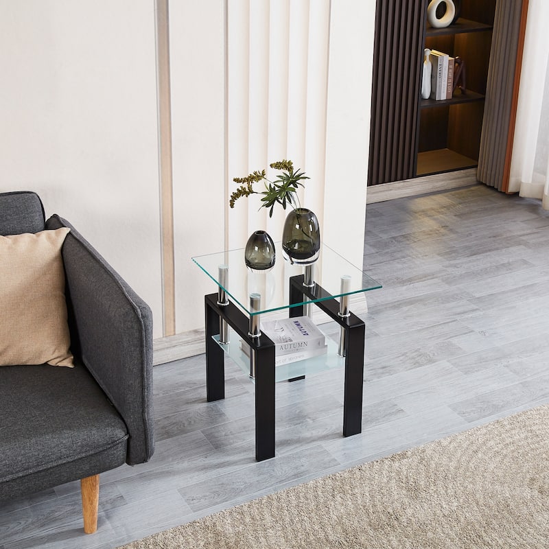 Tempered Transparent Glass End Table, 2-Layers Small Table with Storage