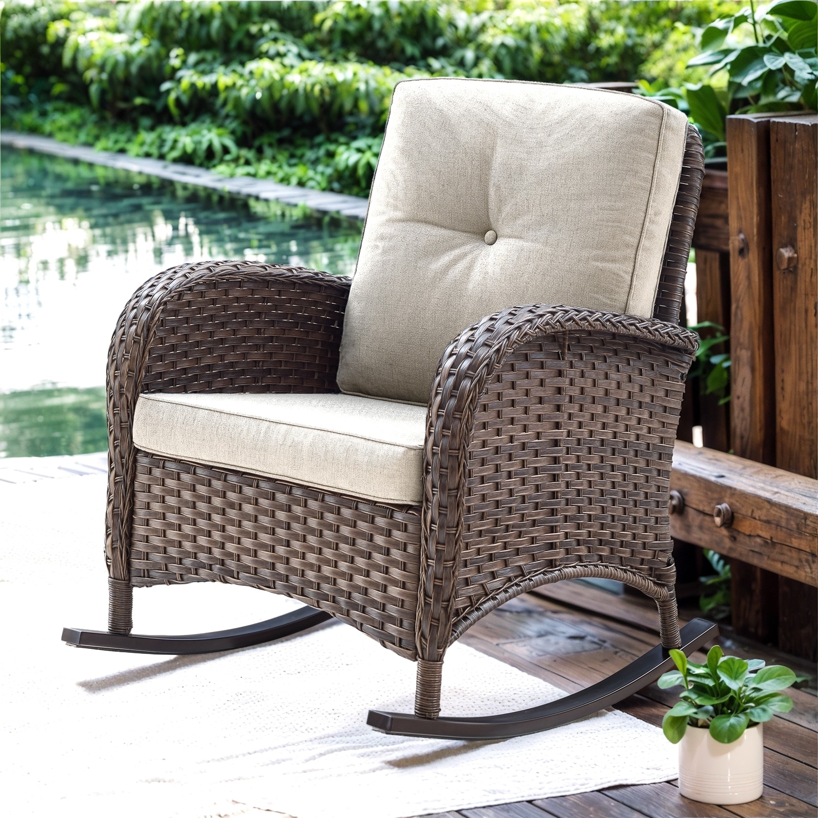 Rattan Wicker Rocker Chair Brown - Beige