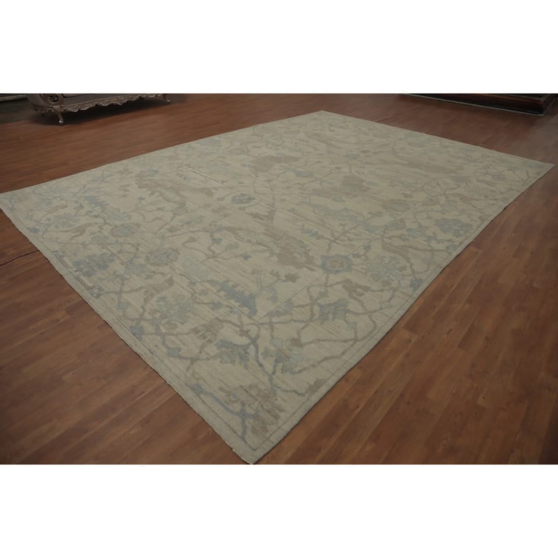 Earth Tone Wool Oushak Vegetable Dye Large Rug, Floral Geometric Carpet - 13' 10'' X 10' 0''