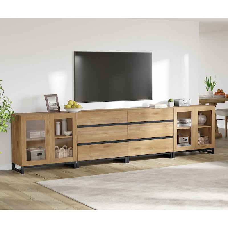 4-in-1 TV Stand for 120" TVs, Entertainment Center with Glass Doors & 6 Drawers - 126 inches - Oak