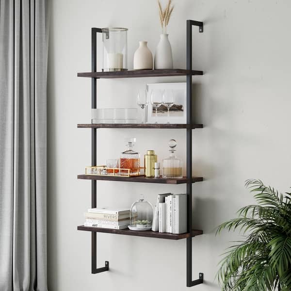 slide 2 of 14, Nathan James Theo 4-Shelf Bookcase Floating Wall Mount Natural Wood Industrial Pipe Metal Frame Nutmeg/Black