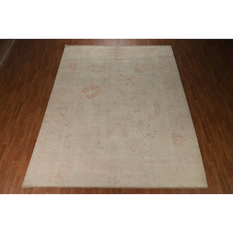 Hand Knotted Oriental 100% Wool Carpet Transitional All-Over Beige & Ivories Oushak Area Rug - 12' 0'' X 9' 2''