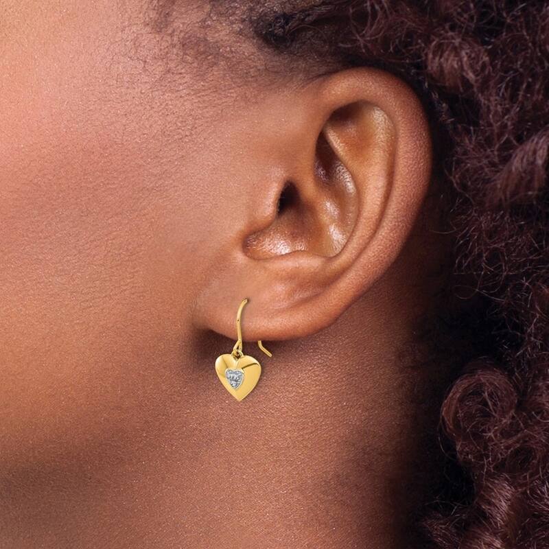 Curata 14k Yellow Gold White Rhodium Sparkle Cut Love Heart Guardian Angel Earrings - 19.25x9.75mm