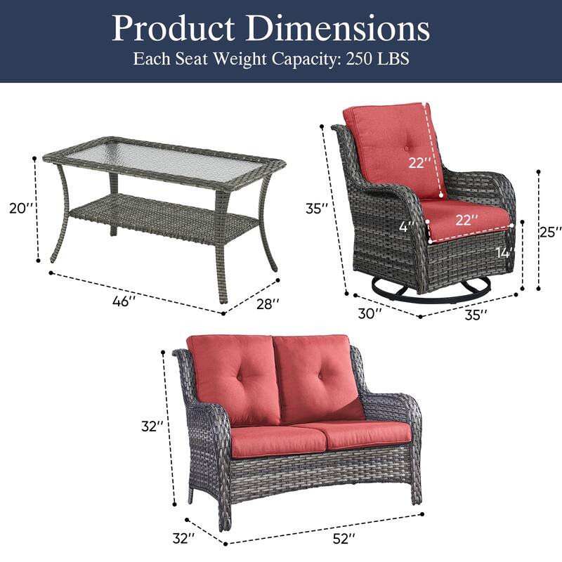 Outdoor Swivel Chairs with Loveseat Coffee Table Grey-Red - Grey
