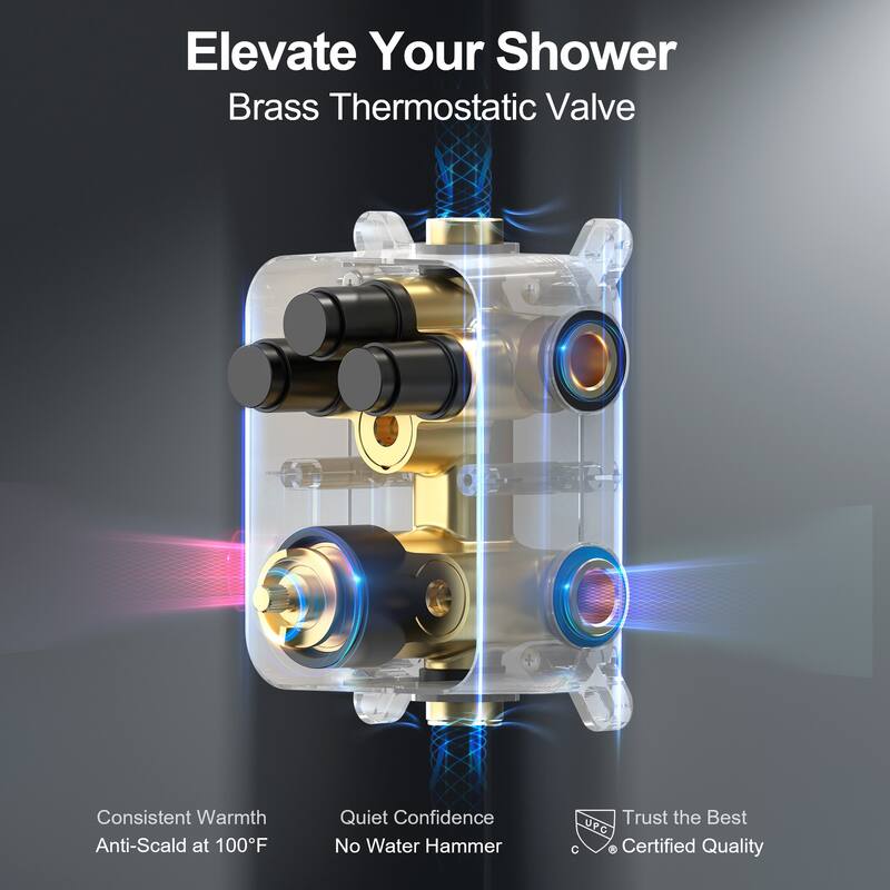 GRANDJOY 3-Function Thermostatic Shower System 12'' Rainfall Shower Head with Anti-Scald Valve