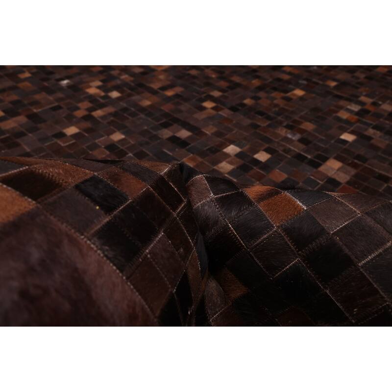 ECARPETGALLERY Handmade Cowhide Patchwork Dark Brown Leather Rug - 8'1 x 10'0