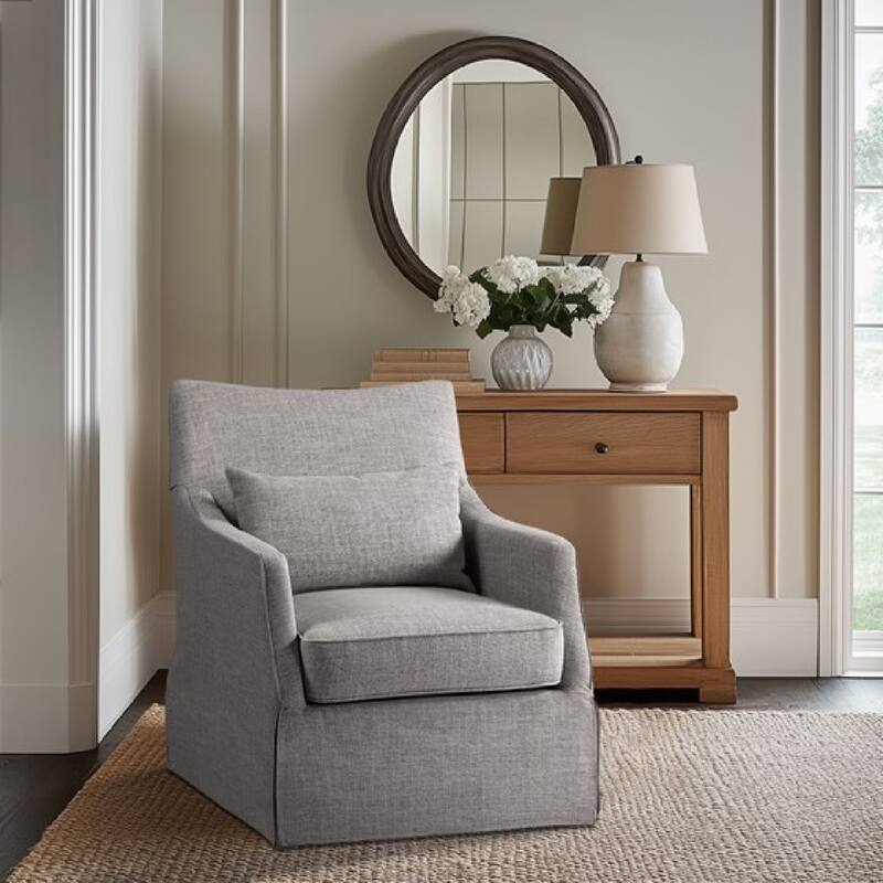 Roomfitters Modern Skirted Swivel Armchair, Traditional Martha Stewart Bedford Collection Lounge Seating with Pillow, Grey