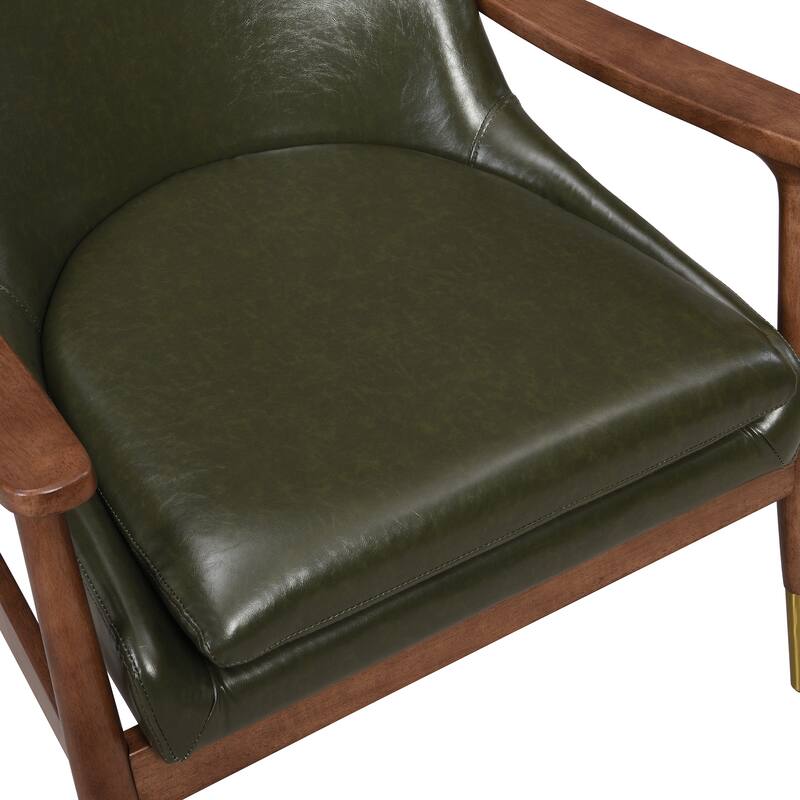 29.2" Mid-Century Faux Leather Accent Chair with Cushioned Seat, Solid Wood Frame, and Brass-Tipped Legs