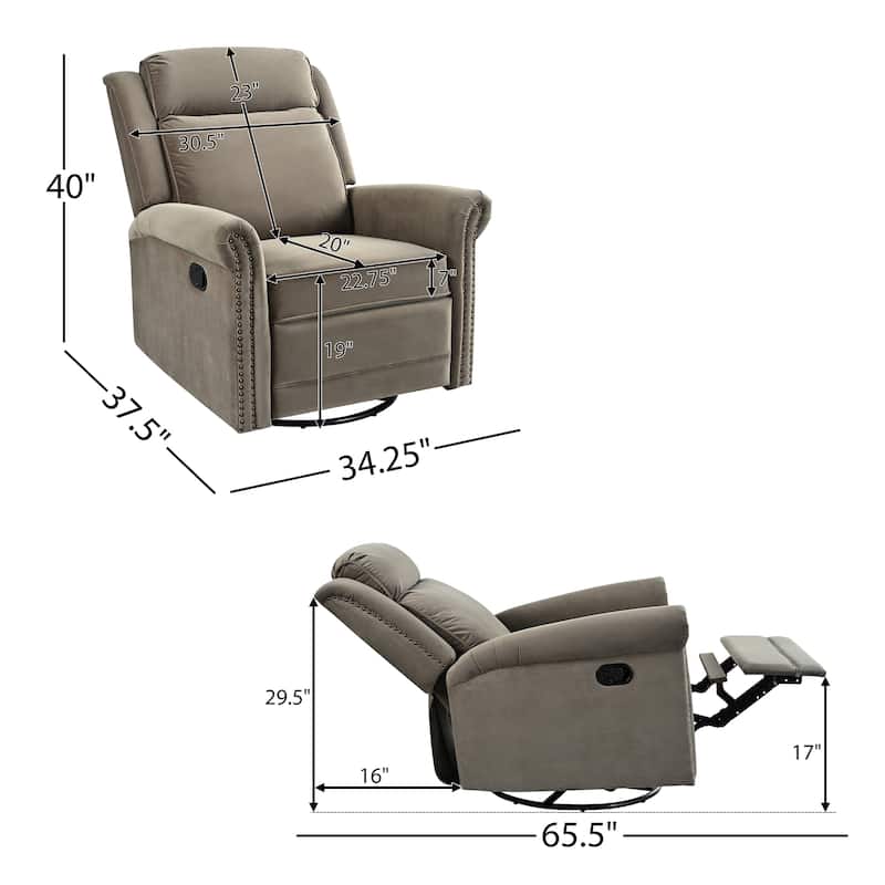 Home Theater Swivel Recliner Chair, Manual Rocking Nursery Rocker w/Adjustable Backrest Rolled Arms Lounge Chair with Rivet Trim