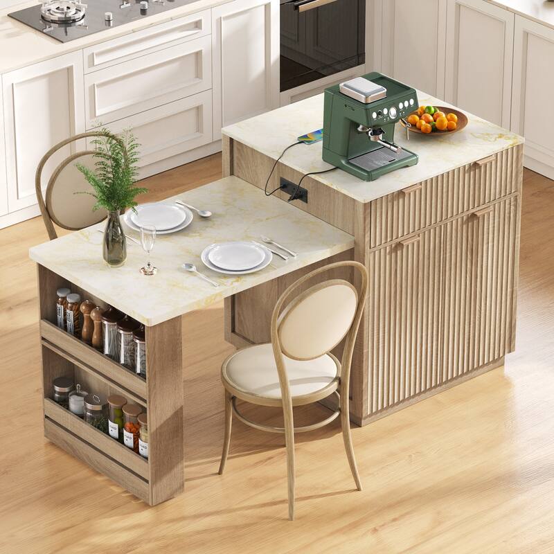 Fluted Kitchen Island with Extendable Dining Table - Natural