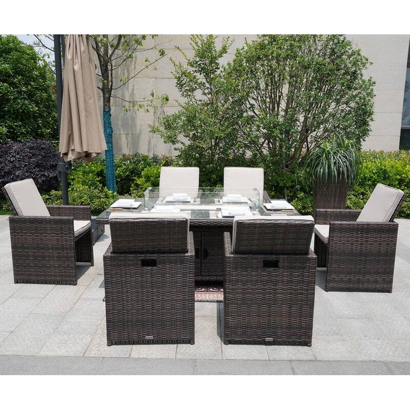 7-Piece Patio Wicker Rectangle Firepit Table with Chairs