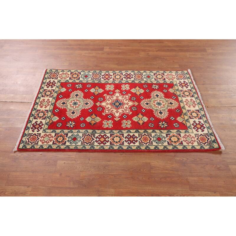 Kazak Accent Rug Hand-Knotted Geometric Red Wool Carpet - 2'10" x 4'1"