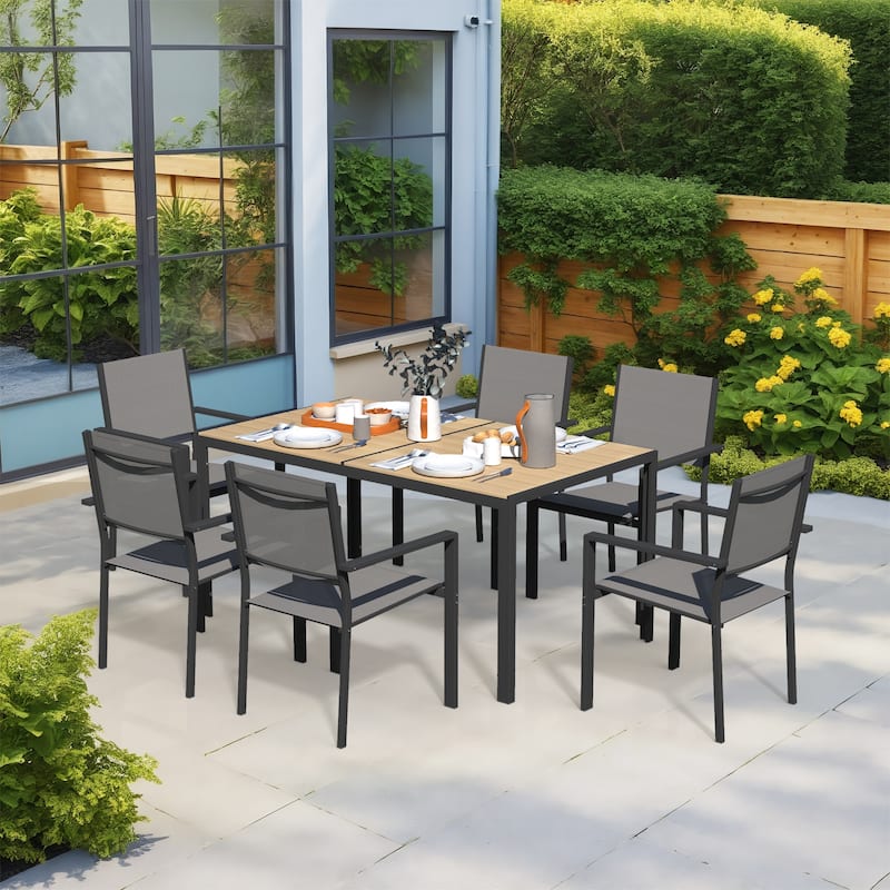 Outdoor Dining Set with Table & Stackable Textilene Chairs, 5-Piece Durable WPC Tabletop & Rust-Resistant Frame for Patio