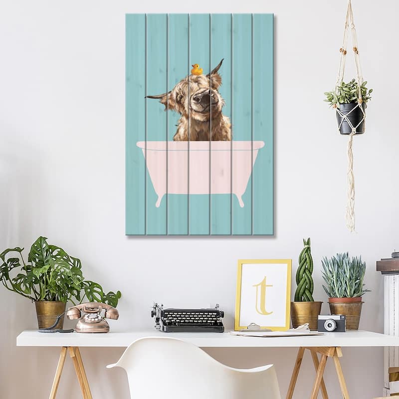 Playful Highland Cow In Bathtub Print On Wood by Big Nose Work - Multi-Color