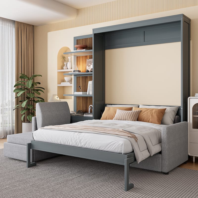 Queen Size Murphy Bed Wall Bed with Sofa and Shelves